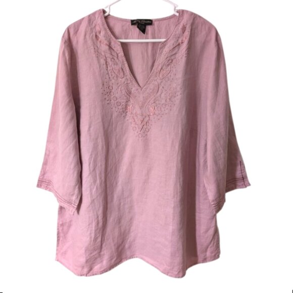 Marisa Christina 100% Linen Boho Embroidered Tunic Blouse Pink Size 1X - Picture 1 of 4